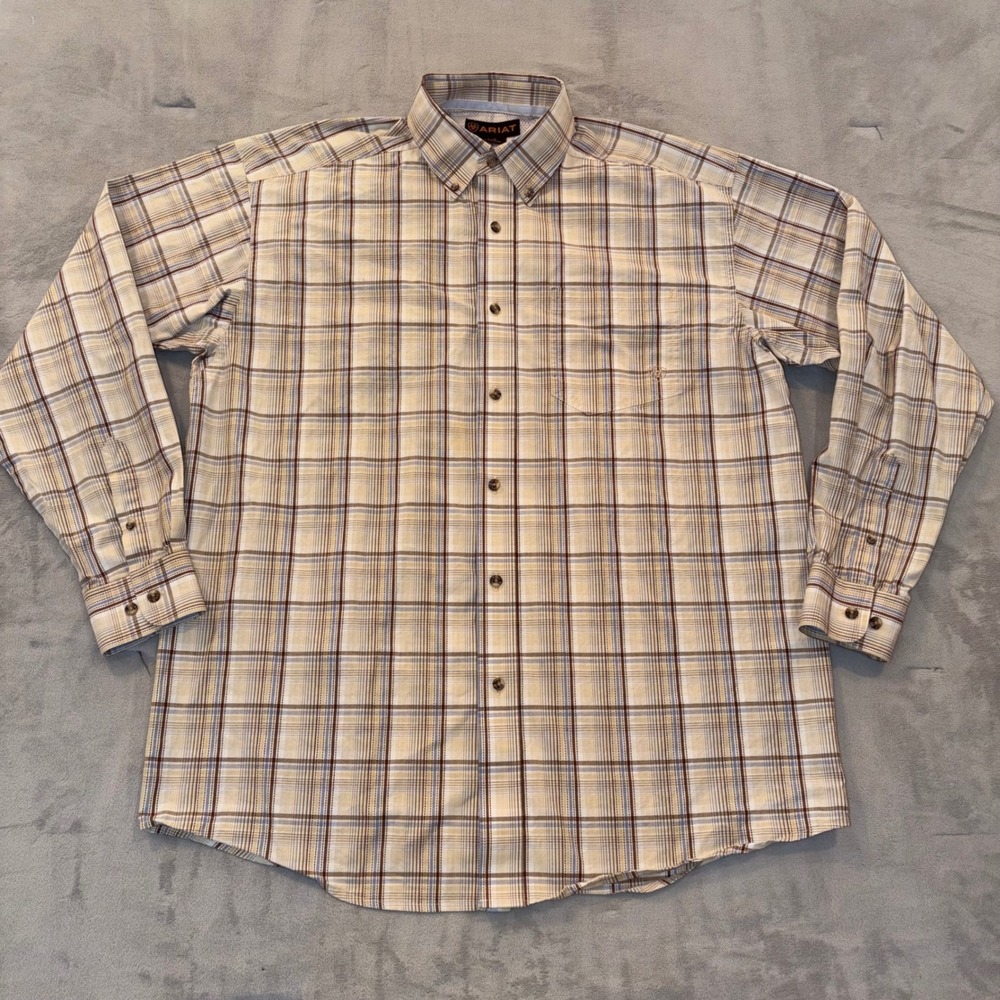 Ariat‎ Mens Plaid Long Sleeve Button Down Shirt Tan Brown Blue Mesh Back L